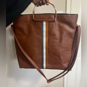 THREE STRIPE COGNAC FAUX LEATHER TOTE WITH STRAP AND TWO RING GOLD HANDLE